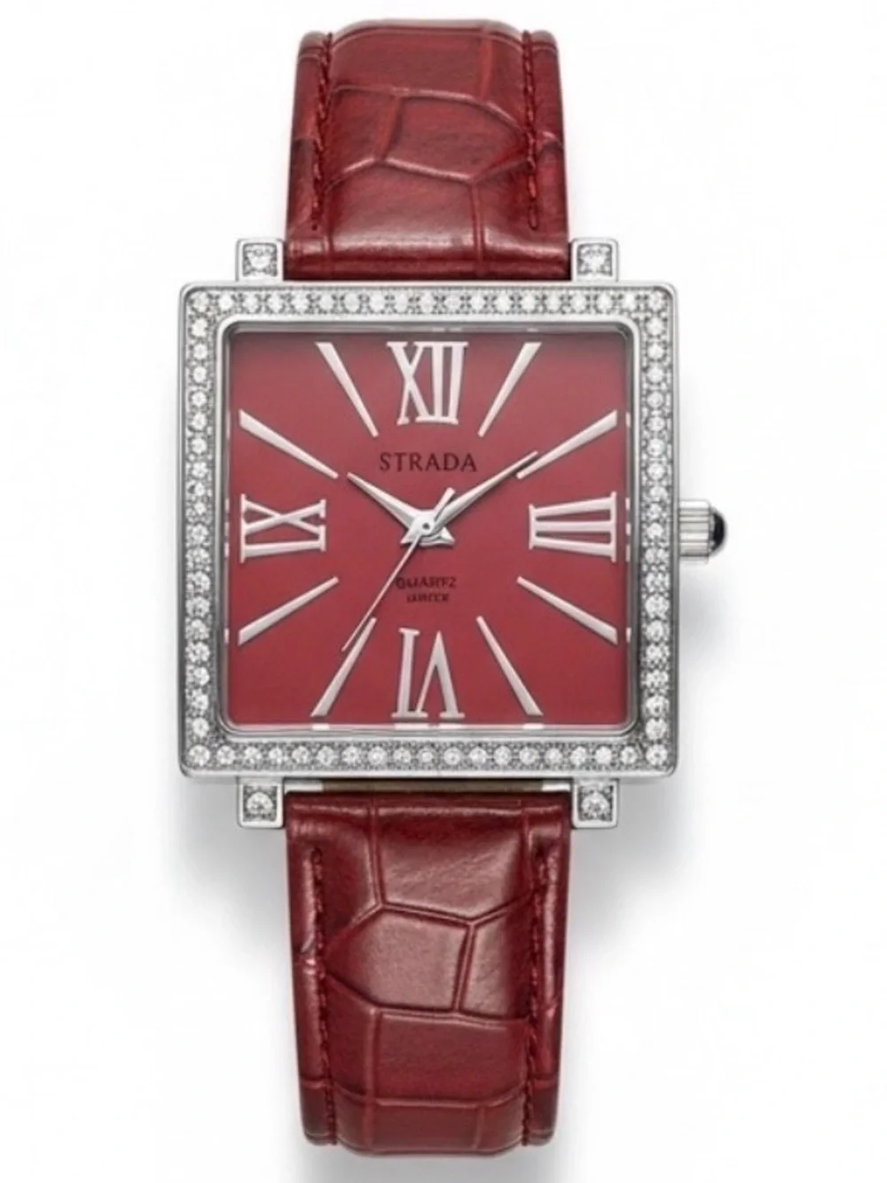 Strada Red Crystal Square Watch Roman Numeral Japanese Quartz NIB
